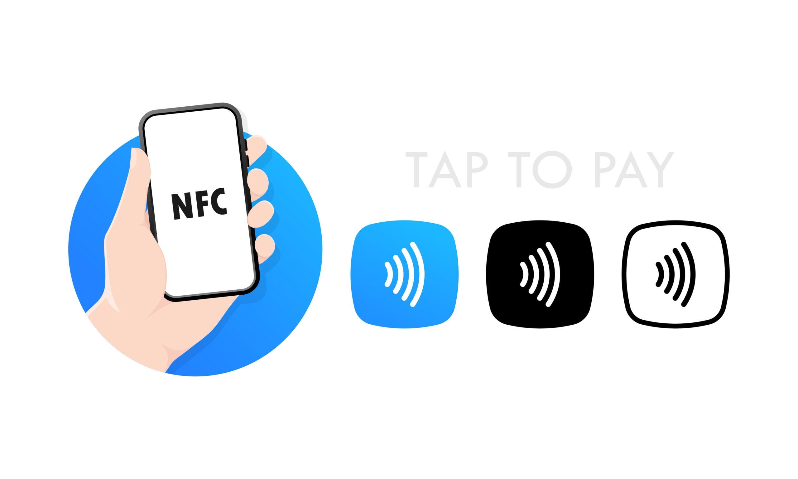 nfc technology in a smartphone. tap to pay. contactless wireless pay sign logo. vector illustration.