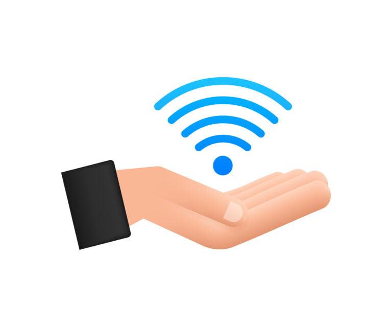 free wifi zone blue sign in hands icon. free wifi here sign concept. vector illustration.