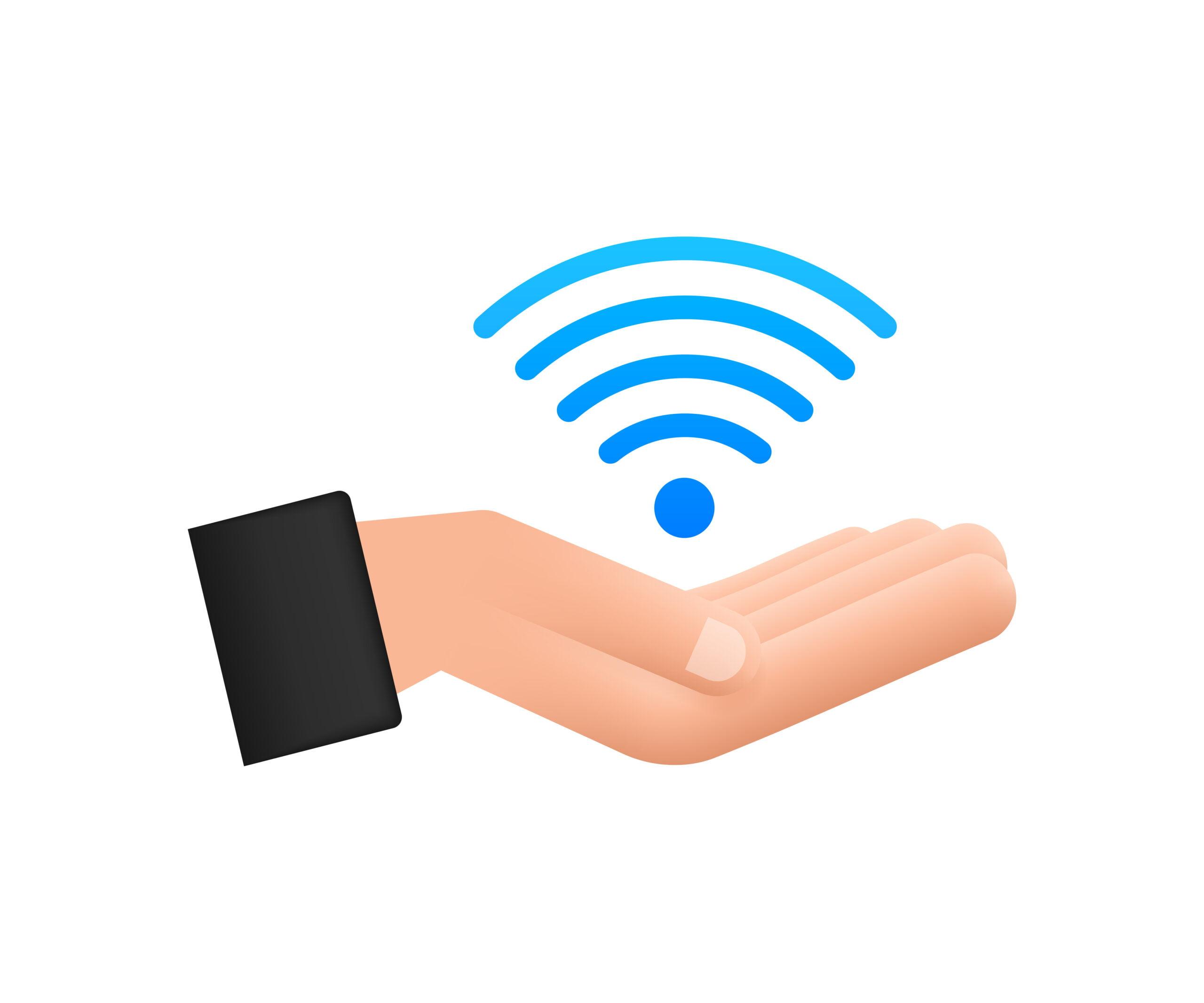 free wifi zone blue sign in hands icon. free wifi here sign concept. vector illustration.