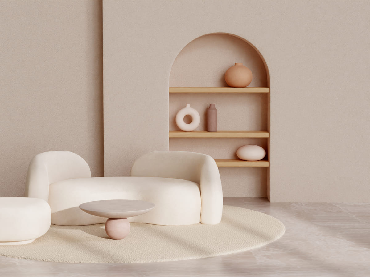 3d room decor with furniture minimalist beige tones