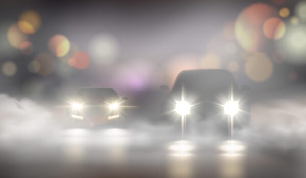 realistic car lights in fog composition