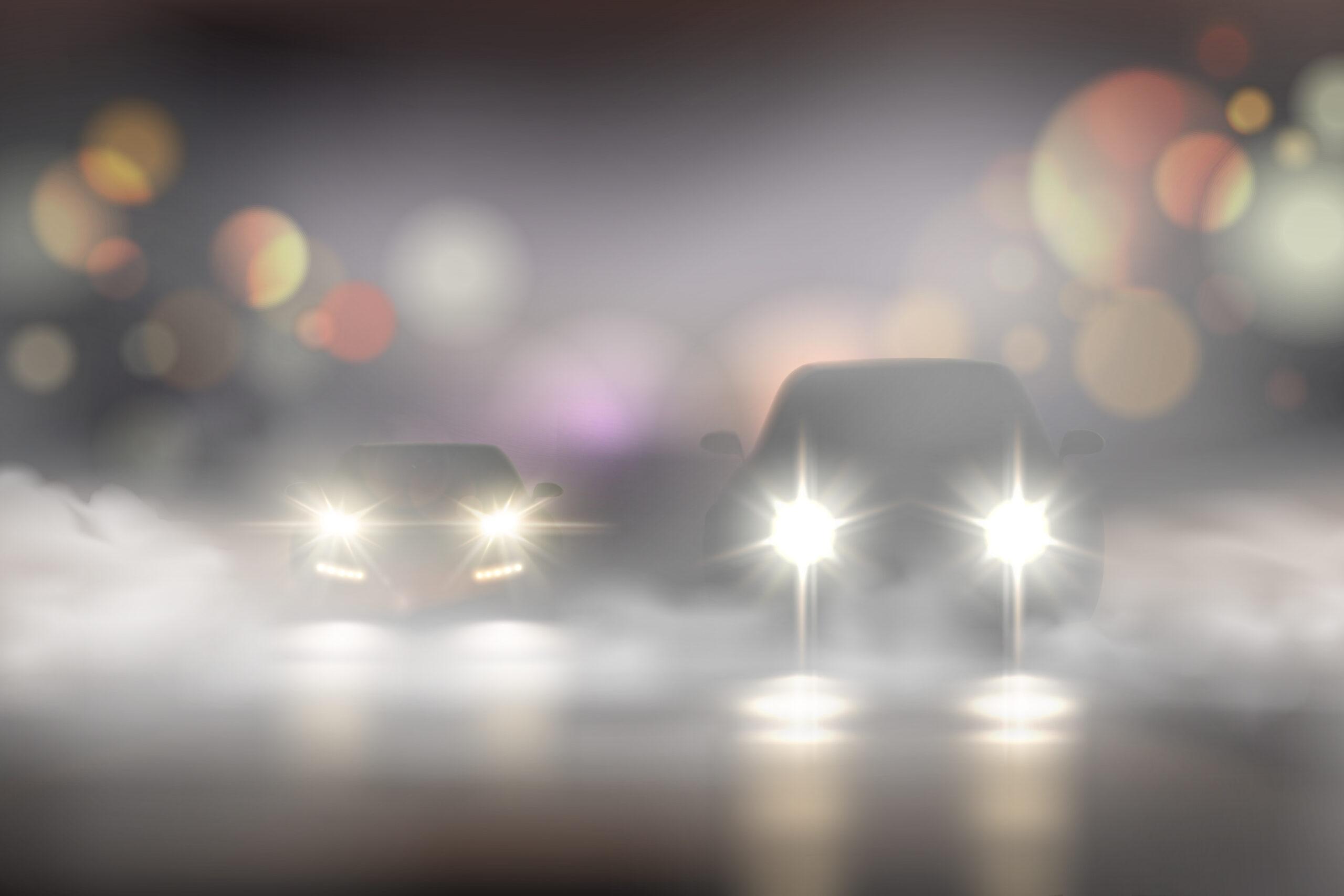 realistic car lights in fog composition