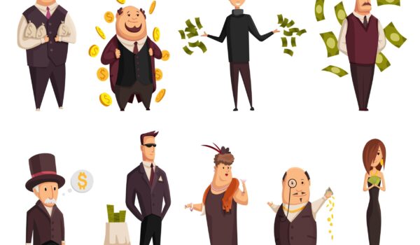 set of vector cartoon rich people. happy super rich successful businessmans and businesswoman. very rich peoples bathing in his money