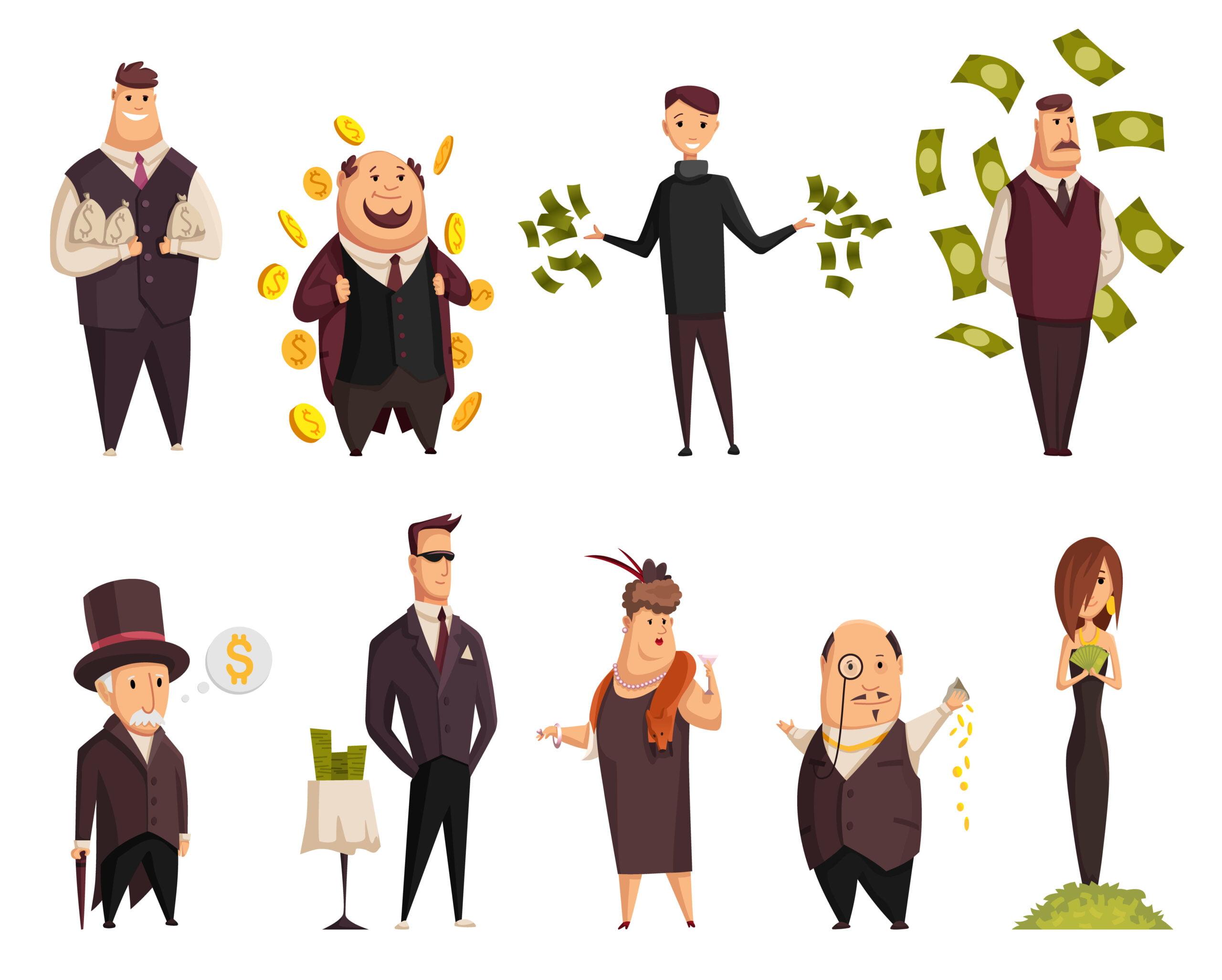 set of vector cartoon rich people. happy super rich successful businessmans and businesswoman. very rich peoples bathing in his money