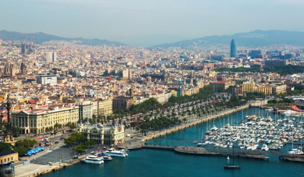 aerial view barcelona with port from helicopter