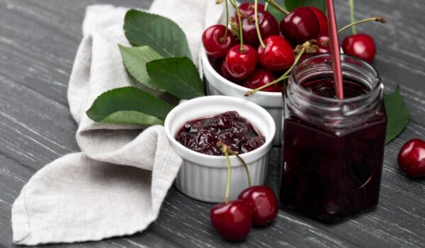 dessert arrangement with jam high angle