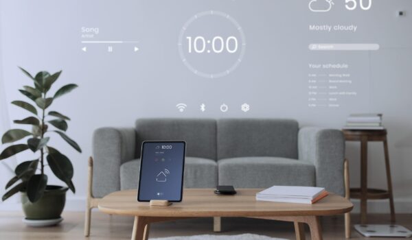 digital tablet screen with smart home controller on a wooden tab