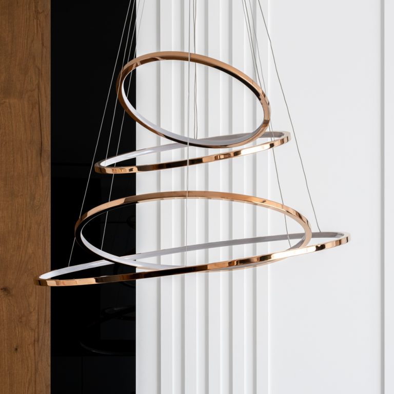 close up,on,decorative,golden,ceiling,lamp,made,from,led,circles