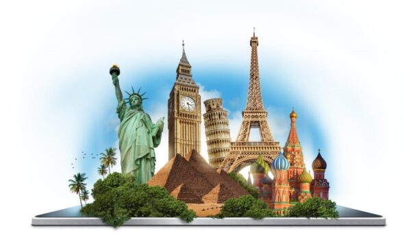 travel concept with worldwide landmarks
